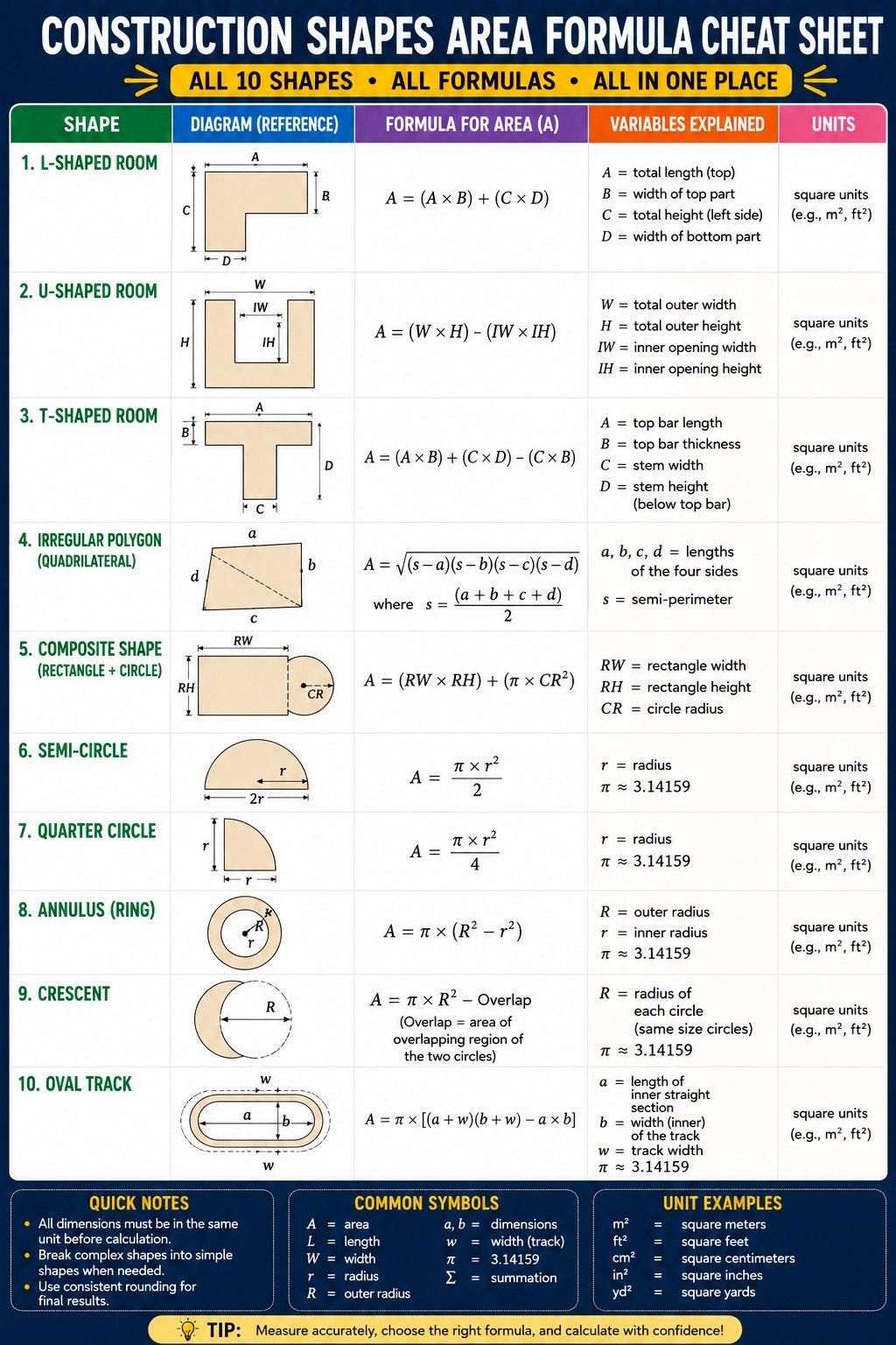 Construction Shapes Area Calculation Formula Cheat Sheet